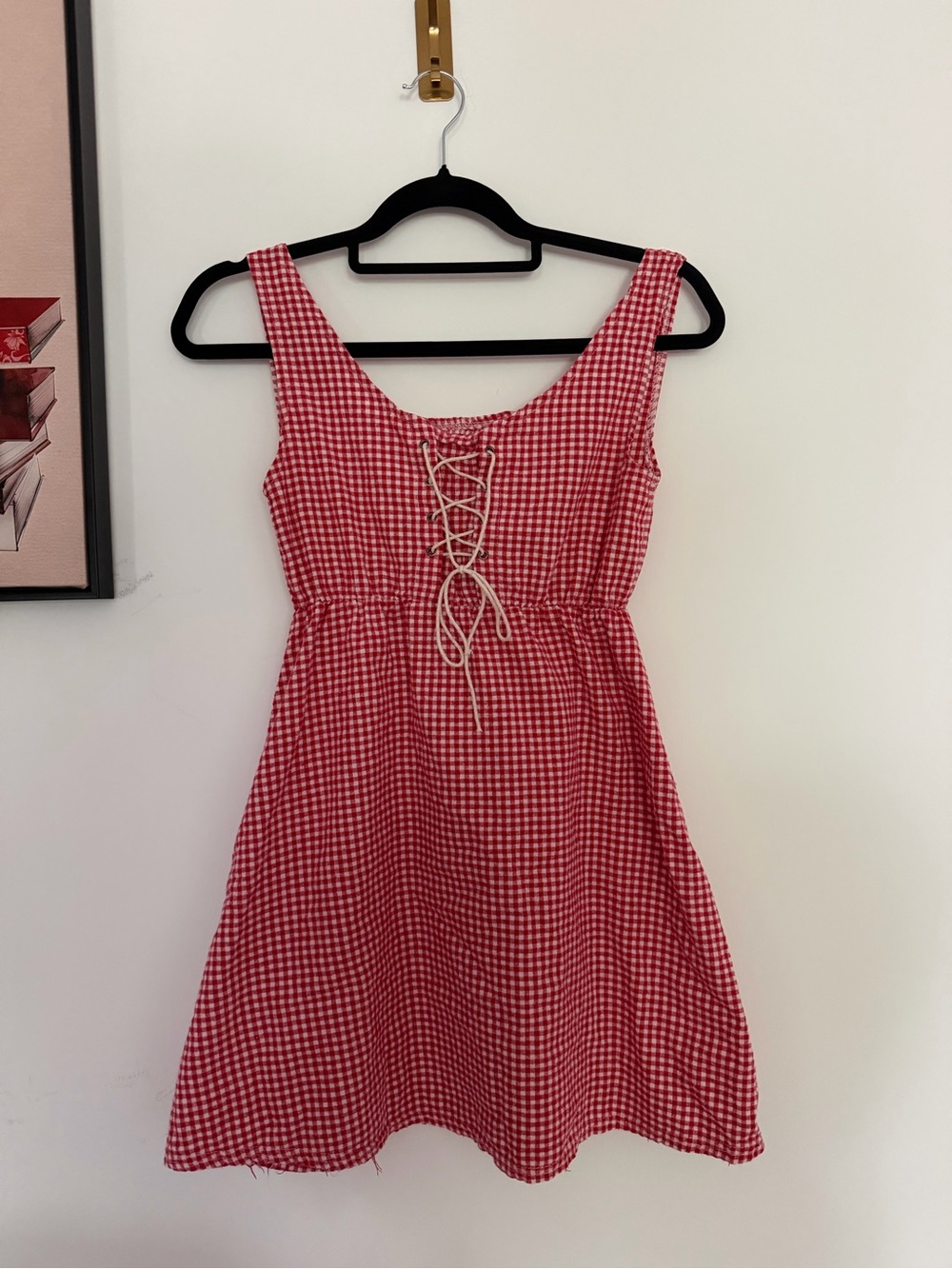 Vintage Red & White cottagecore minimalist Gingham Lace-up mini Dress XS